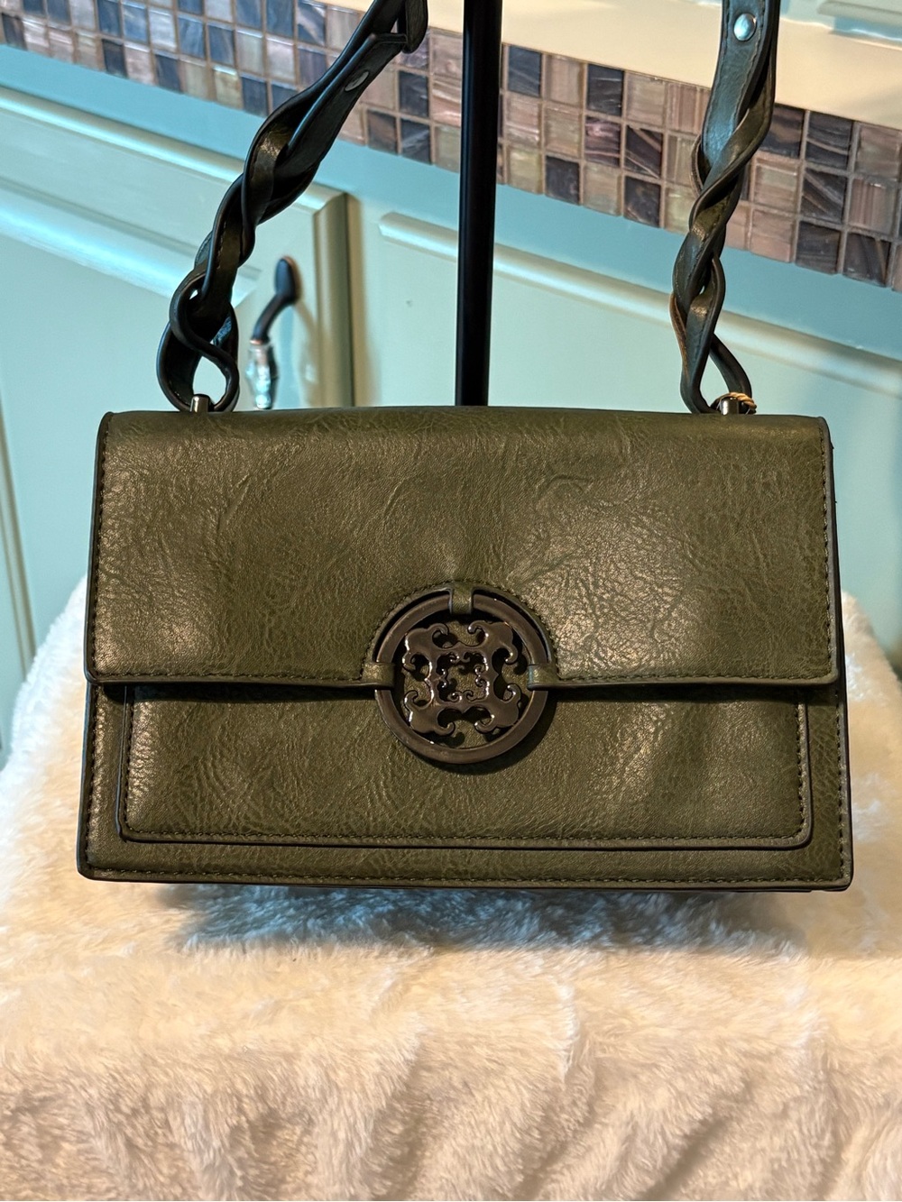 Women's Olive Green Shoulder Bag with Braided Strap